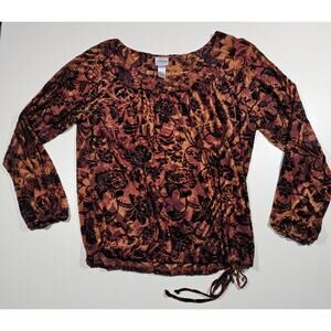 Chico’s Burnout Velvet Floral Blouse Rust Orange Long Sleeve Boho Top Size 2 L